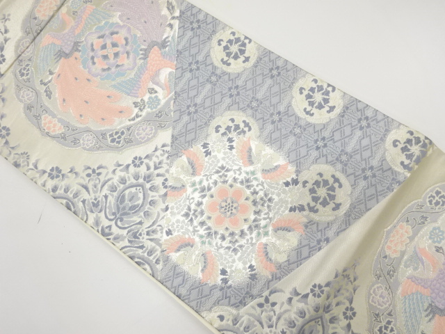 アンティーク　切りばめ風　鳳凰に花丸文様織り出し袋帯（材料）